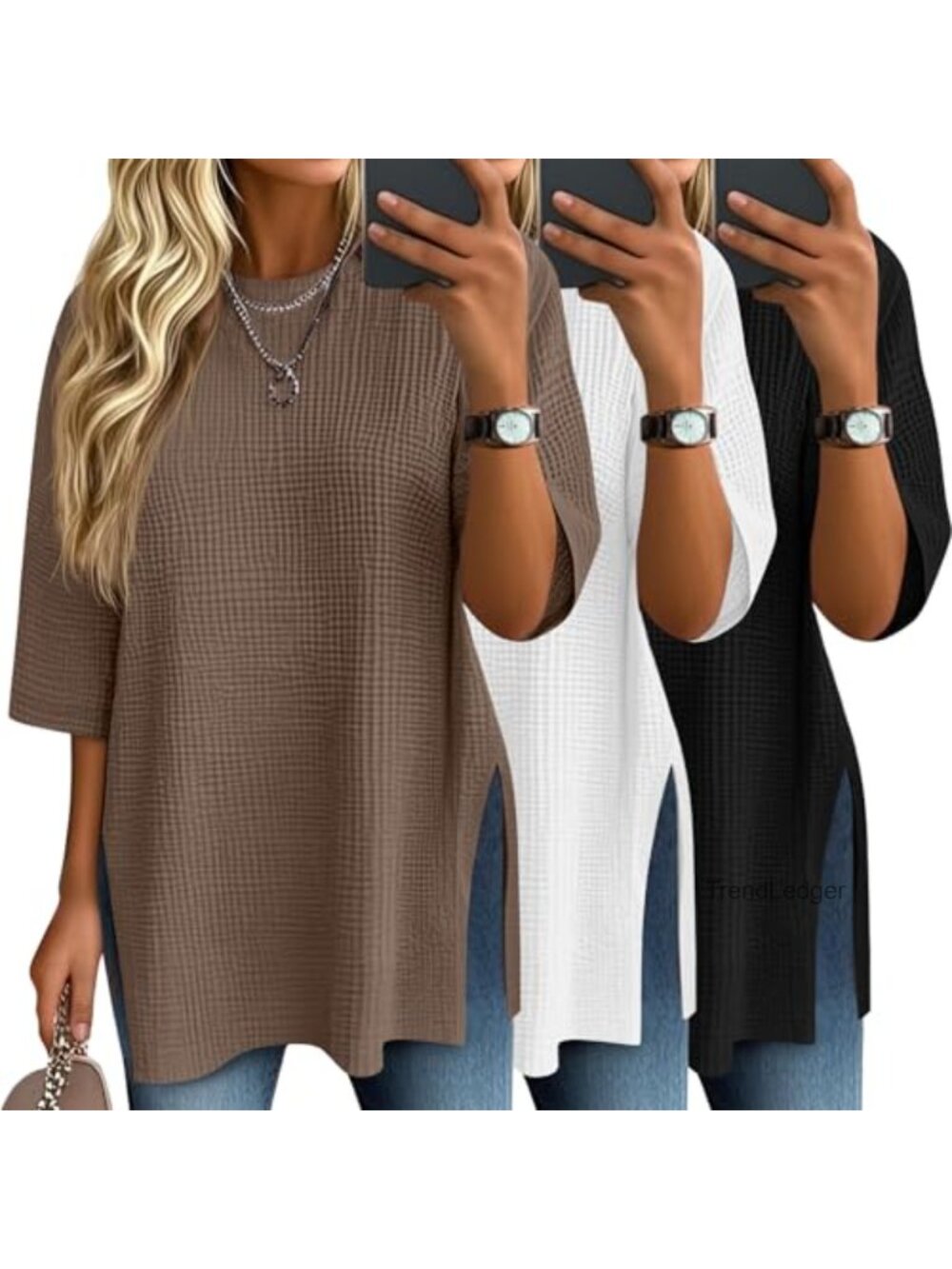 Waffle Knit 3/4 Sleeve Tops Loose Fit Crew Neck 3 Pack